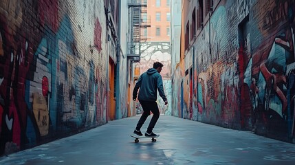 Obraz premium Młody mężczyzna jeżdżący na deskorolce po miejskiej uliczce pokrytej sztuką uliczną