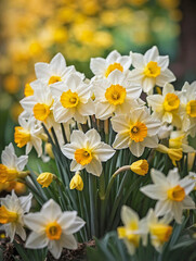 Cluster of Daffodils with Colorful Spring Blur
