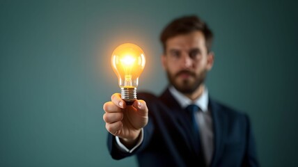 A businessman holding a light bulb as a metaphor for smart innovation in business.