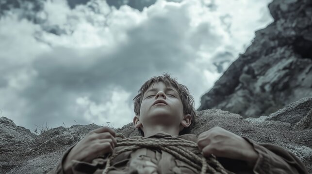 a Abraham's son Isaac from Bible times laying in an altar in top of a mountain with his hands tied together