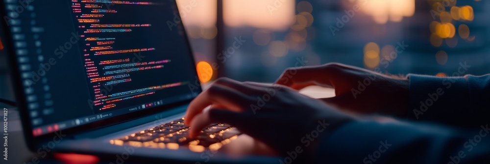 Poster Developer hands coding on a laptop with sunset city lights. Concept of software development and technology.