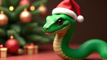 Fototapeta premium Green snake in Santa hat, symbol of Chinese New Year 2025. Computer graphics against background of Christmas trees and gifts.Close up