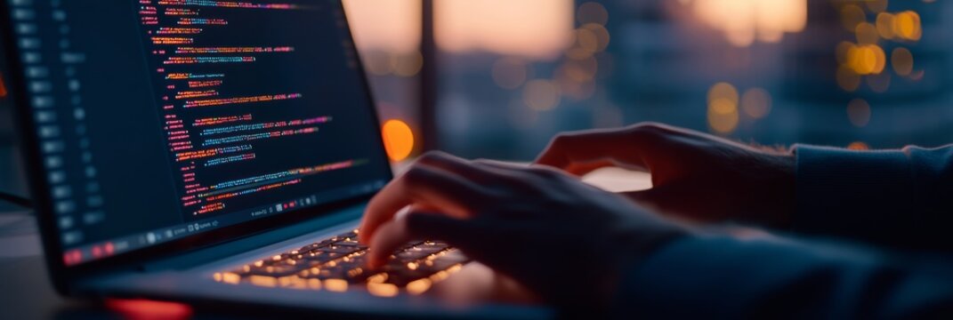 Developer hands coding on a laptop with sunset city lights. Concept of software development and technology.