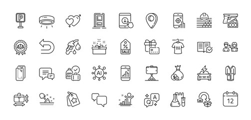 Undo, Entrance and Speech bubble line icons pack. AI, Question and Answer, Map pin icons. Parking, Selfie stick, Annual calendar web icon. Build, Winner, Car charging pictogram. Vector