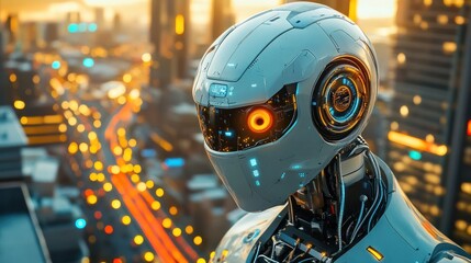 Fototapeta premium Robots maintaining city infrastructure, including repairing roads and buildings, ensuring the city remains in perfect condition