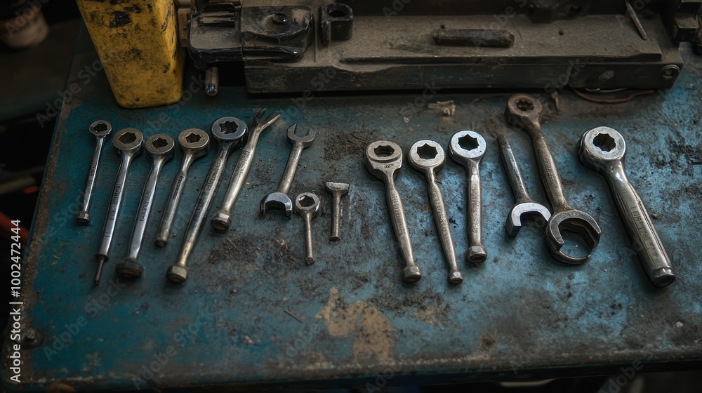 Poster Assorted Wrenches and Tools on a Blue Workbench