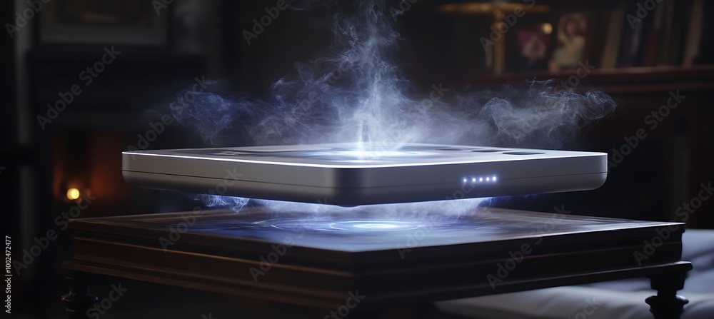 Poster a holographic music player with virtual controls floating in the air