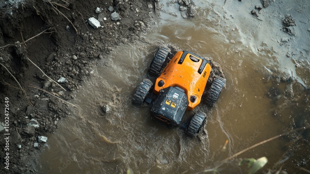 Poster search and rescue robots navigating difficult terrain in flood and landslide areas, helping emergenc