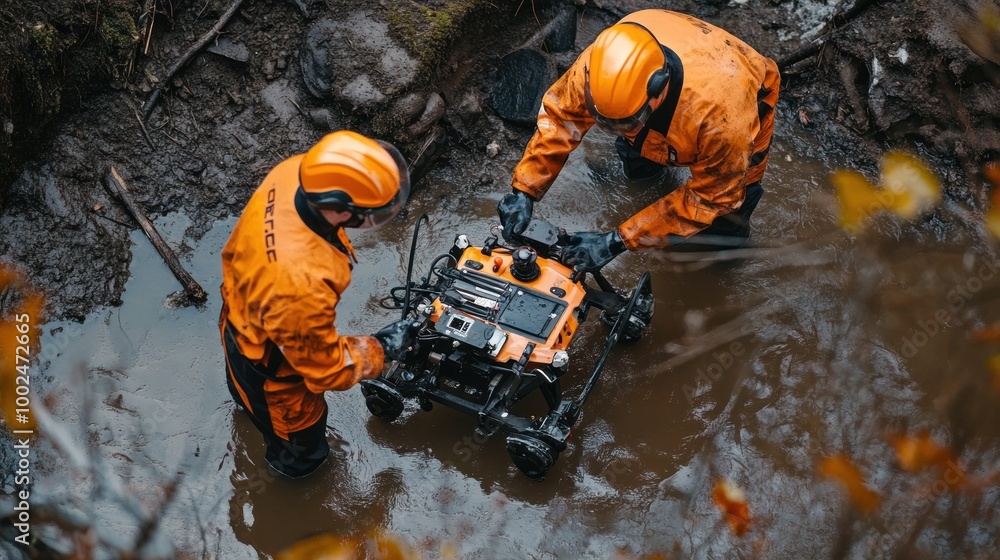 Poster search and rescue robots navigating difficult terrain in flood and landslide areas, helping emergenc