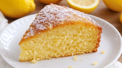 A slice of lemon cake with powdered sugar on top