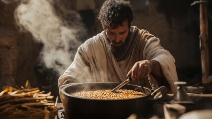 mage of Jacob from the Bible cooking a stew of lentils