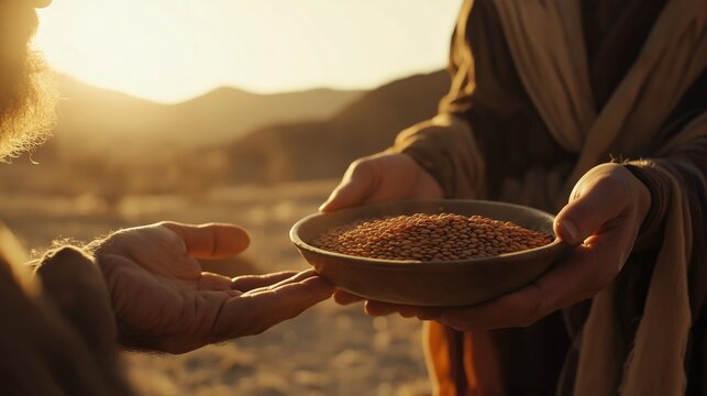 image of jacob from the Bible offering Esau a bowl of lentils in the desert
