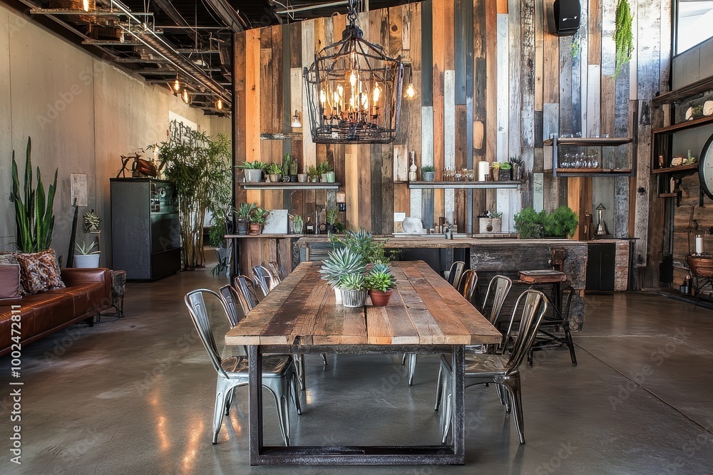Poster modern dining space with rustic elements and greenery for gatherings.