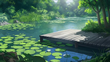 peaceful anime theme of nice lake