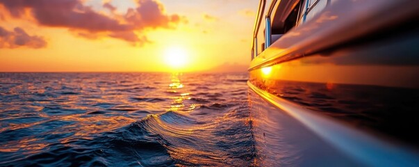Breathtaking sunset over the ocean, viewed from a yacht, creating a serene and relaxing atmosphere.