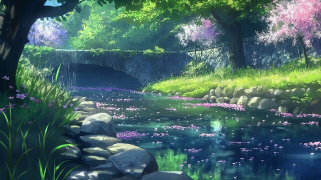 peaceful anime theme of nice sakura flowers tree