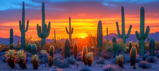 Colorful sunset over arizona s southwest desert with cacti in the wild west landscape