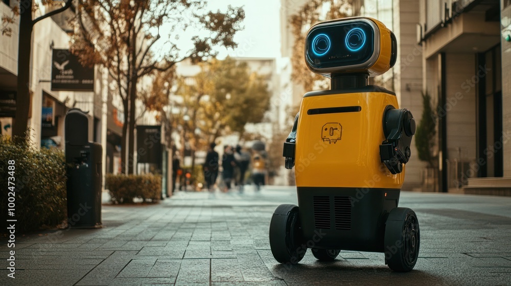 Poster urban ai robot collaboration showcased in a bustling capital, with robots managing tasks in public s
