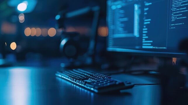 Close-up of a computer keyboard and monitor displaying code at night, illuminated by blue light.
