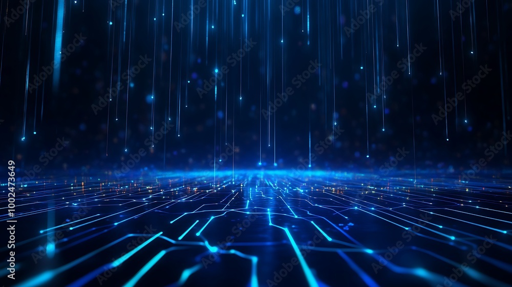 Poster a dynamic abstract representation of digital data streams flowing in a futuristic blue environment.