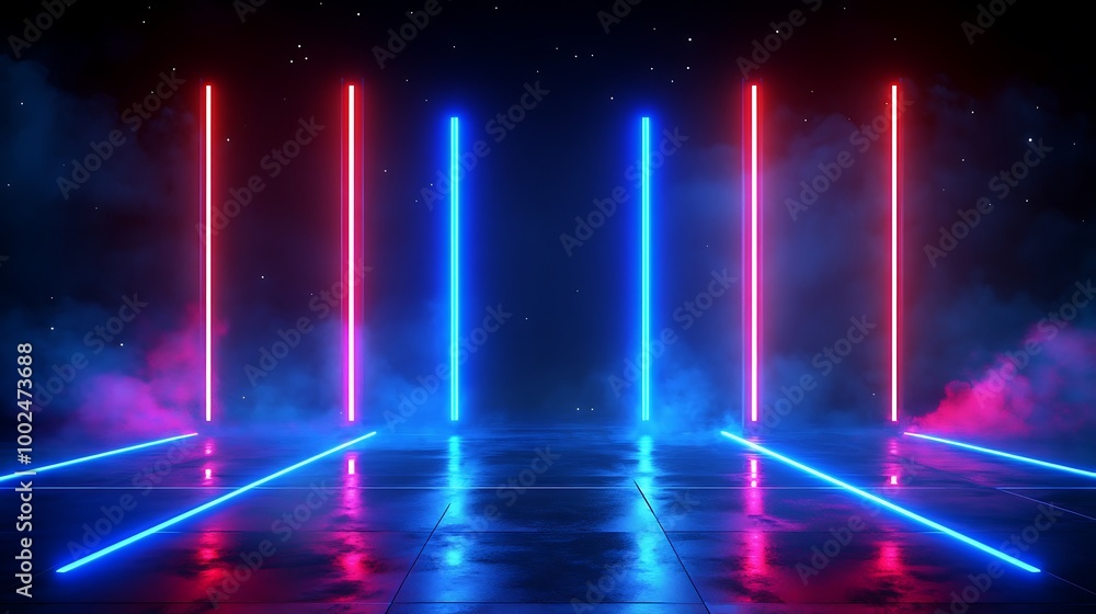 Poster a dynamic display of neon lights in blue and red, creating a vibrant and futuristic atmosphere with 