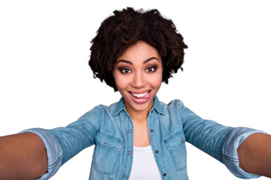 Close up photo cute attractive funny funky carefree careles lady people make photos video call tongue-out fool free time weekend holidays travel enjoy content rejoice jeans isolated grey background