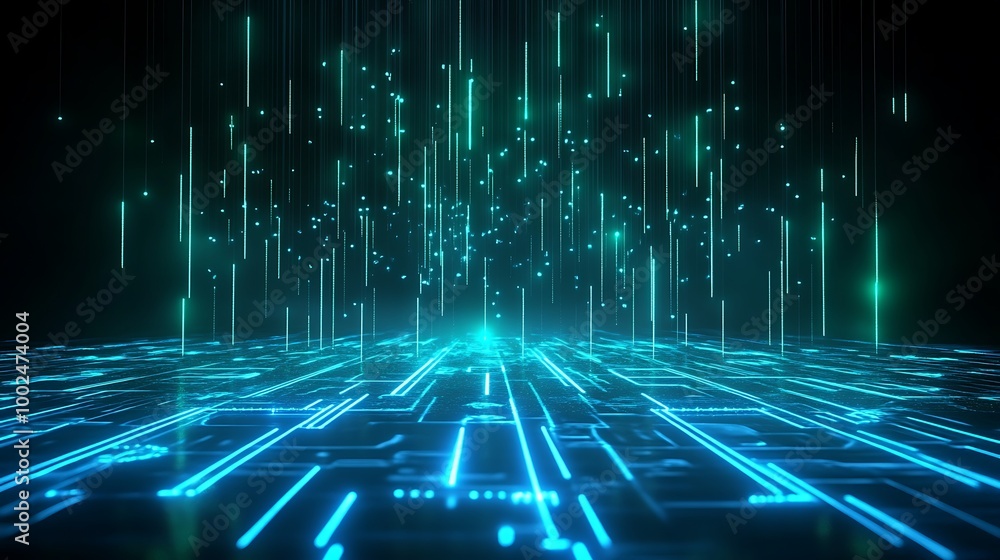Poster a futuristic digital landscape with glowing blue lines and particles, creating an abstract high-tech