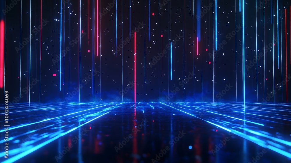 Poster A futuristic digital landscape with glowing lines and particles, creating depth and light in a dark space.
