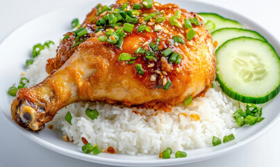 Roasted chicken leg with rice and cucumber slices