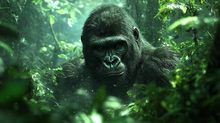 Naklejka premium A close-up of a gorilla in a tropical forest, with intense eyes and lush greenery surrounding it