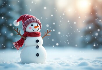 Cheerful snowman in winter landscape, festive