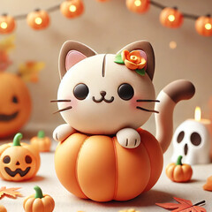 Adorable Halloween Cat Sitting in a Pumpkin