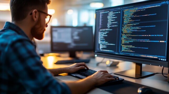 Software engineer working on code in a tech office, programming on dual monitors. Highlighting modern coding and digital innovation.