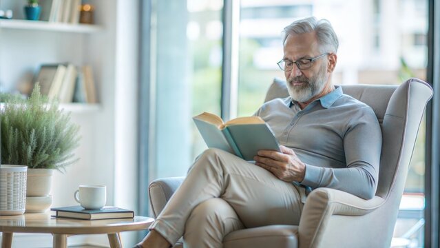 Relaxing retired  man reading book sitting on very cozy chair at home interior, side view copy space - Powered by Adobe