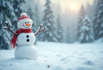Cheerful snowman in winter landscape, festive