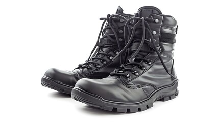 A pair of black tactical boots used by police, arranged on a white background.