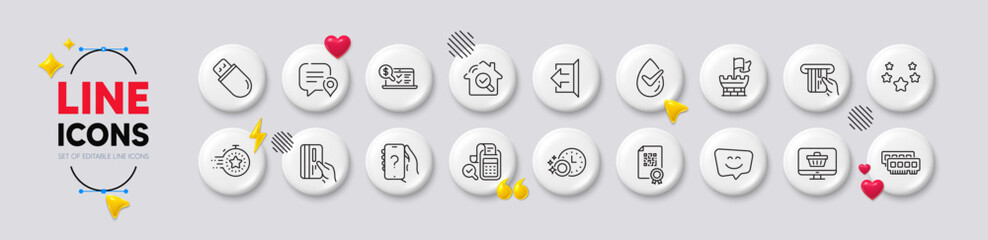 Stars, Bill accounting and Ram line icons. White buttons 3d icons. Pack of Dermatologically tested, Smile face, Shield icon. Usb stick, Ask question, Credit card pictogram. Vector