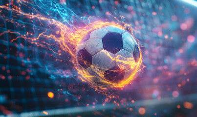 Naklejka premium Dynamic Neon Football Action with Futuristic Geometric Patterns and Vibrant Light Trails for High-Energy Sports Advertising Backgrounds
