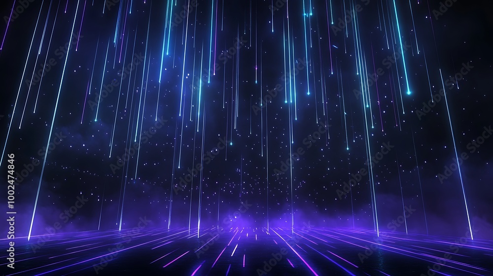 Poster a mesmerizing display of colorful light beams in a dark, ethereal environment, creating a sense of d