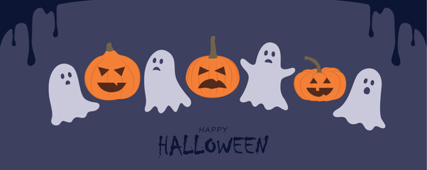 halloween banner with cute ghosts and pumpkins vector illustration