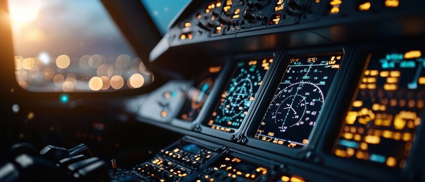 Close-up of an airplane cockpit with high-tech instruments and controls during sunset.