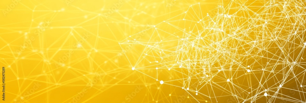 Poster abstract technology background golden network of lines, dots, and triangles connecting in space