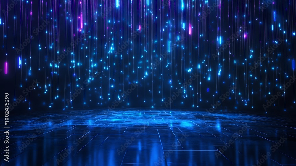 Poster a vibrant abstract background featuring cascading blue lights and glowing particles, creating a futu