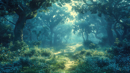 Fototapeta premium Mystical forest pathway leading to an unknown destination, surrounded by dense trees