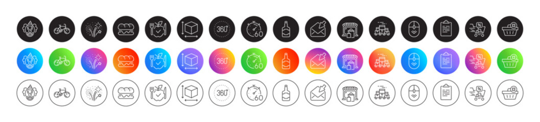 Clipboard, Whiskey bottle and Timer line icons. Round icon gradient buttons. Pack of Fireworks, Boxes pallet, Market icon. Burger, Delete order, Box size pictogram. Vector