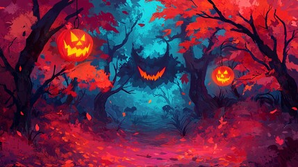 Fototapeta premium A vibrant, spooky forest scene with glowing jack-o'-lanterns, colorful autumn leaves, and mysterious dark figures, creating a Halloween atmosphere.