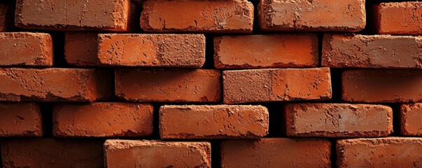 Fototapeta premium Close-up of textured red bricks arranged in a wall pattern, perfect for construction or design projects.