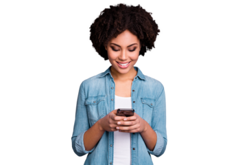 Portrait of positive cheerful content lady blog blogger hold hand use user device search information social network accounts enjoy chill chat wear denim clothes isolated grey background