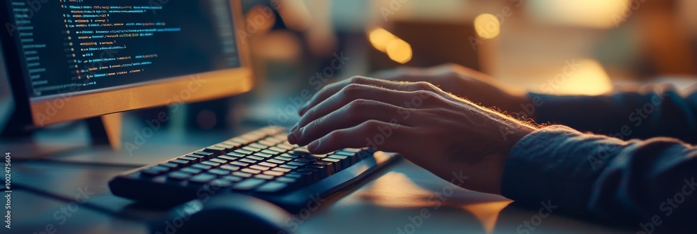 Poster Hands typing code on a desktop keyboard with coding displayed on the monitor, symbolizing software development and IT engineering.