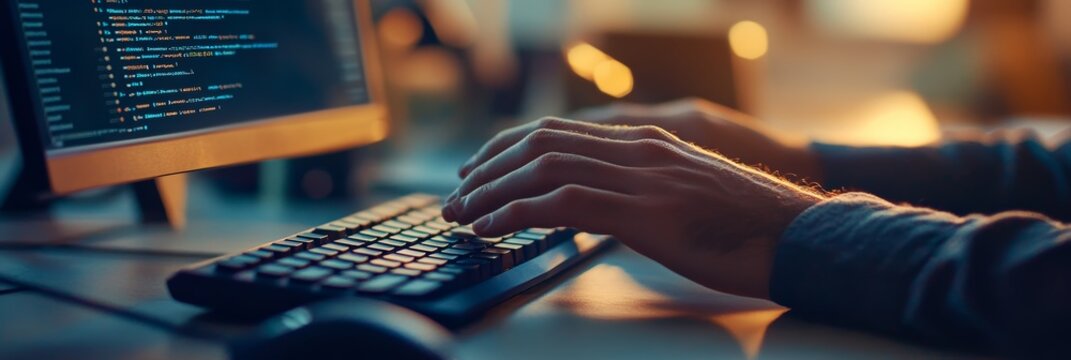Hands typing code on a desktop keyboard with coding displayed on the monitor, symbolizing software development and IT engineering.